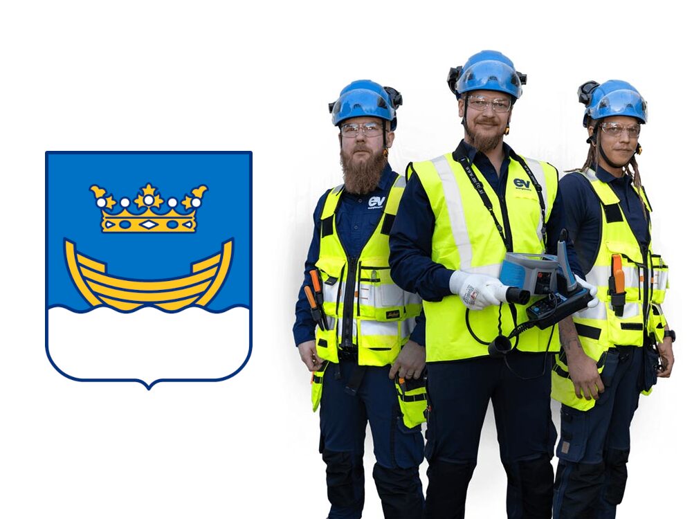 Energiavahti Oy:n sähköasentajia poseeraamassa Helsingin vaakunan vieressä.